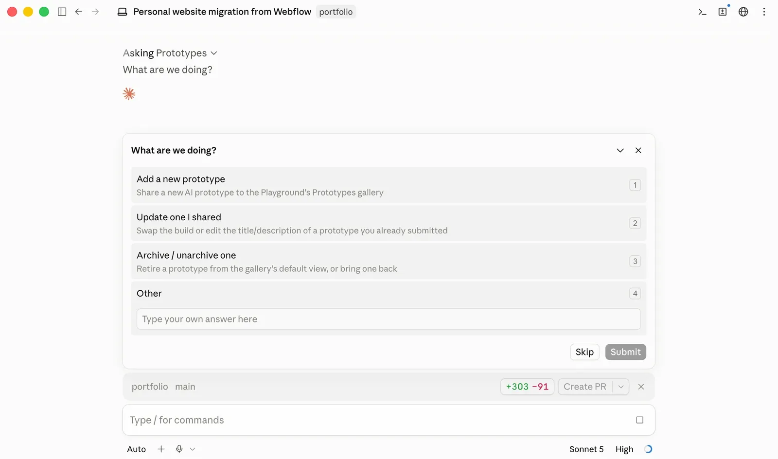 The /prototypes skill in Claude Code, asking what to do before scaffolding the submission