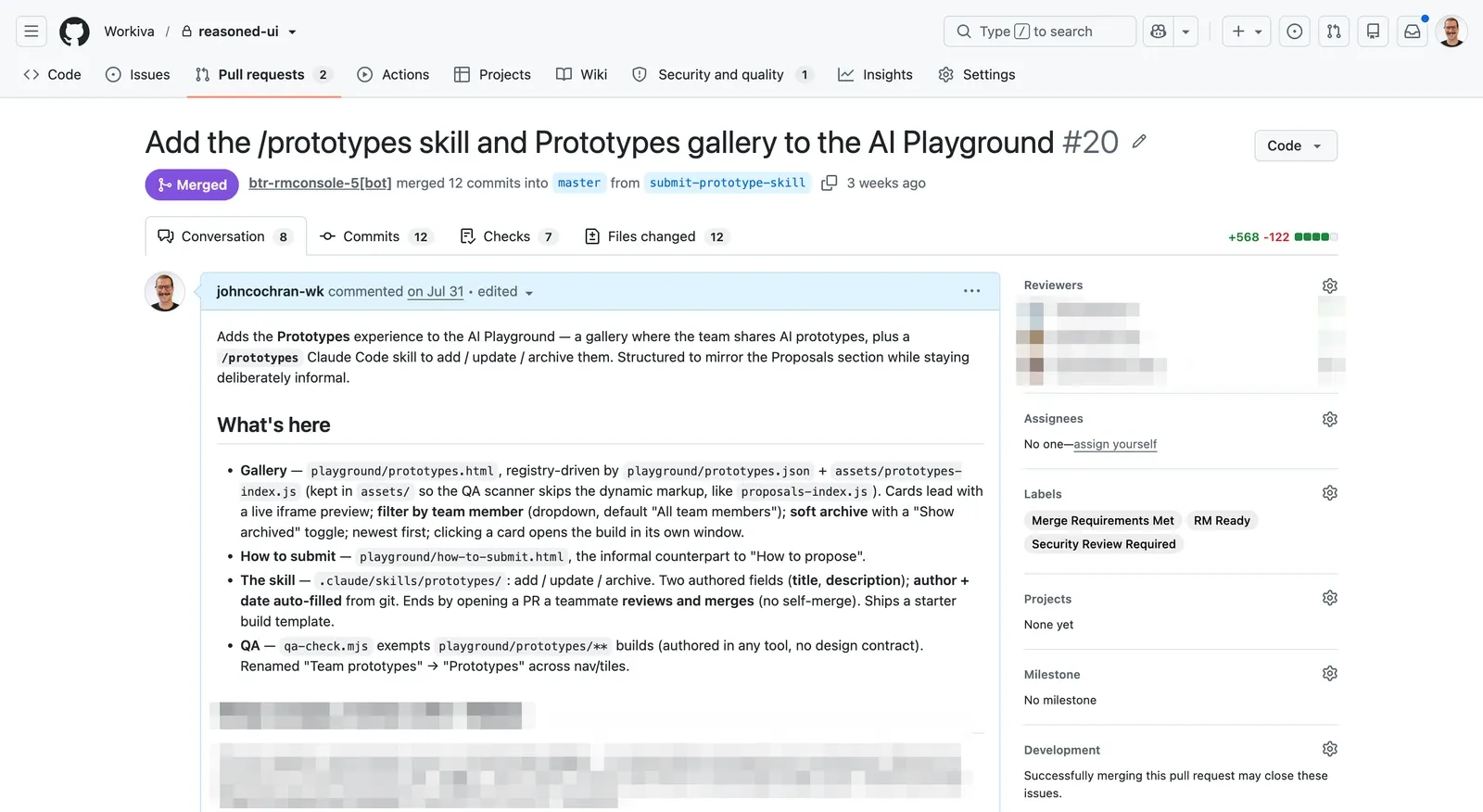 The merged pull request that added the /prototypes skill and Prototypes gallery to the AI playground