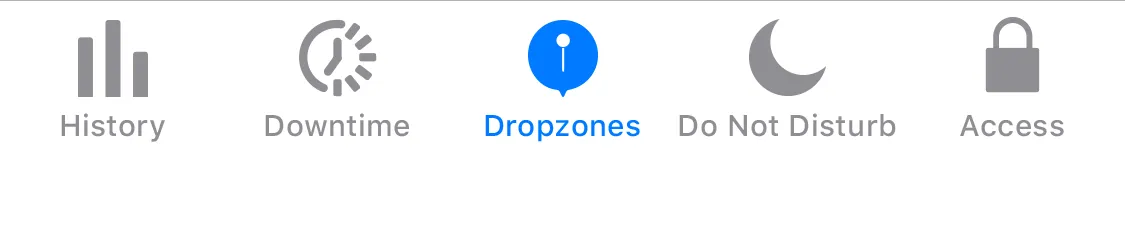 Consolidated tab bar bringing History, Downtime, Dropzones, Do Not Disturb, and Access under one roof